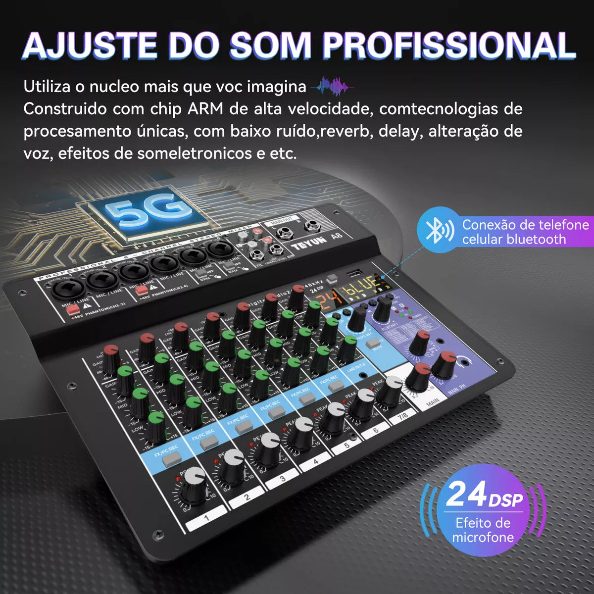🎚️ Mesa de Som TEYUN A8 — Controle Profissional na Palma da Sua Mão!