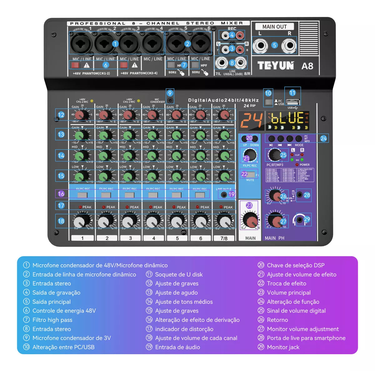 🎚️ Mesa de Som TEYUN A8 — Controle Profissional na Palma da Sua Mão!